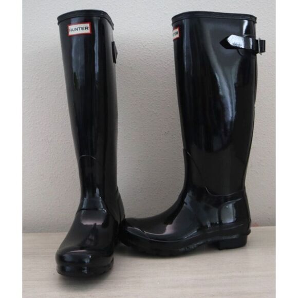 Hunter Men Sz 4 WMNs 5 Black Original Back Adjustable Gloss Tall Rain Boots - Picture 5 of 16